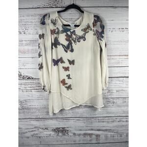 Citron Santa Monica Shirt Womens XS White Silk Butterfly Print Sheer Tunic Top